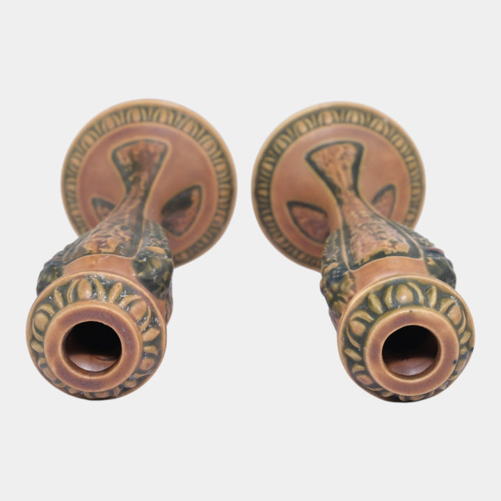 Roseville Florentine I Brown 1924 Arts And Crafts Pottery Candle Holders 1050-10