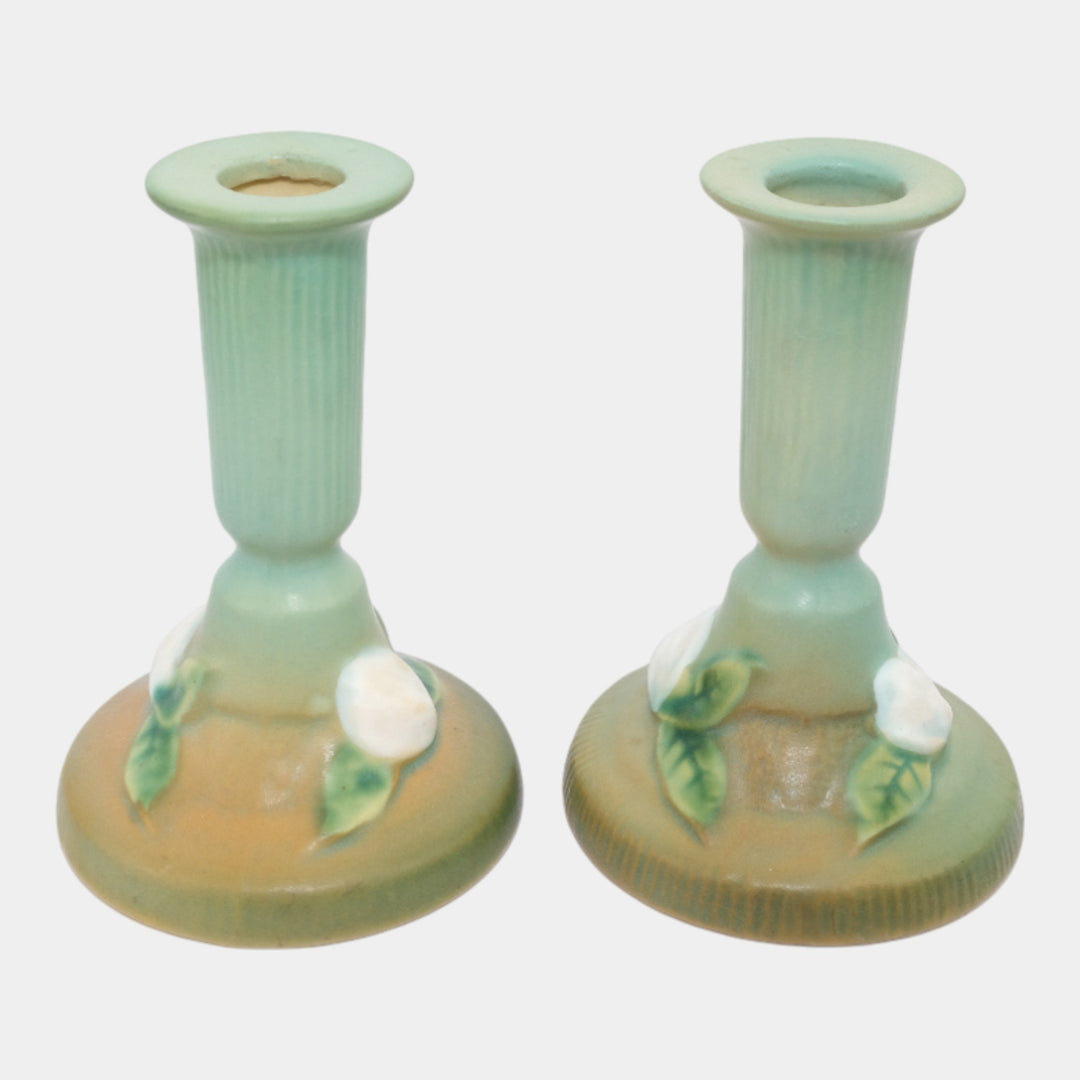 Roseville Gardenia Green 1950 Vintage Art Pottery Ceramic Candle Holders 652-4