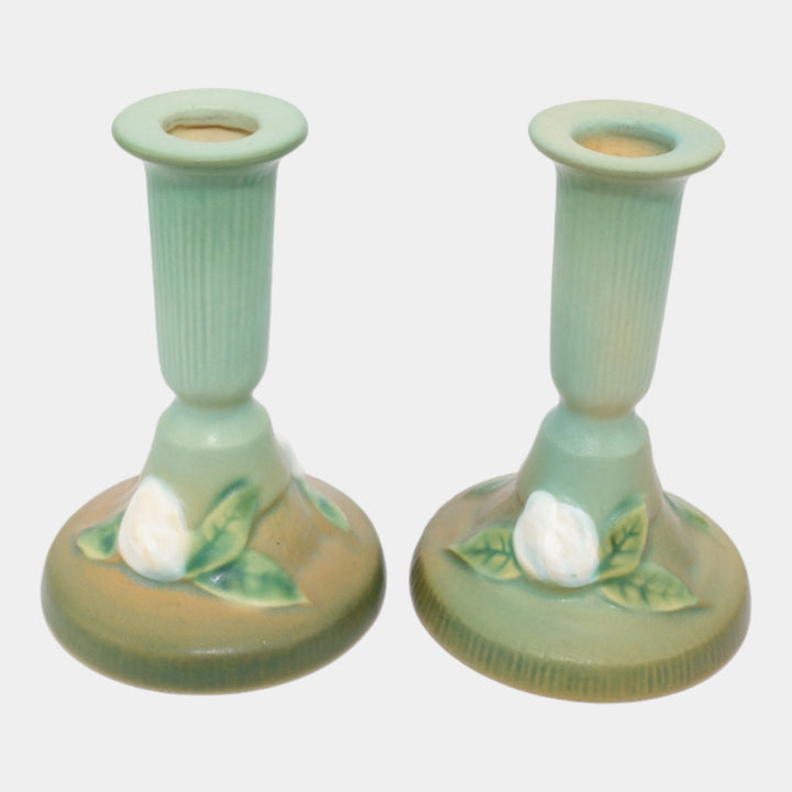 Roseville Gardenia Green 1950 Vintage Art Pottery Ceramic Candle Holders 652-4
