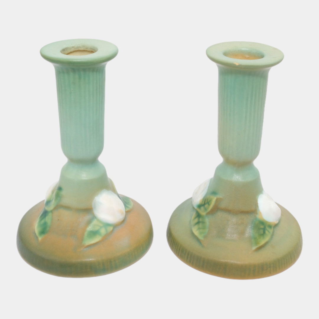 Roseville Gardenia Green 1950 Vintage Art Pottery Ceramic Candle Holders 652-4
