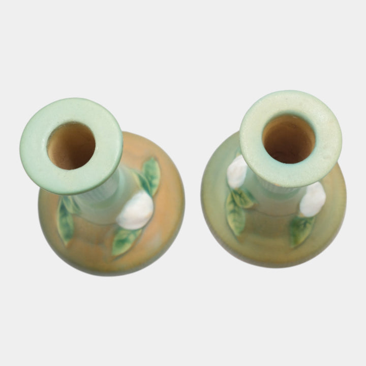 Roseville Gardenia Green 1950 Vintage Art Pottery Ceramic Candle Holders 652-4