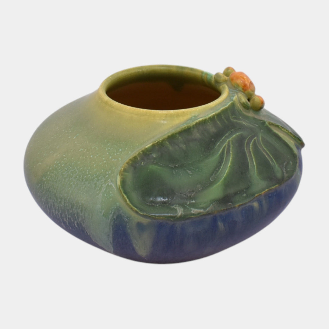 Door Studio Art Pottery Hand Thrown Green Blue Frog On Lily Pad Ceramic Vase