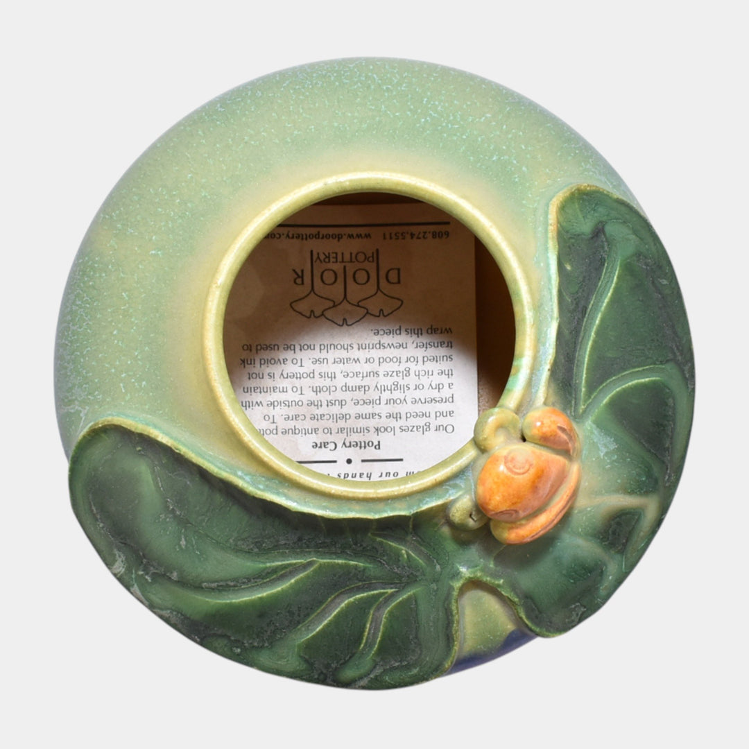 Door Studio Art Pottery Hand Thrown Green Blue Frog On Lily Pad Ceramic Vase