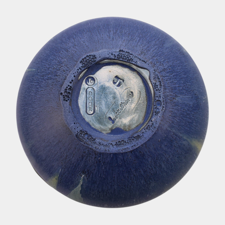 Door Studio Art Pottery Hand Thrown Green Blue Frog On Lily Pad Ceramic Vase