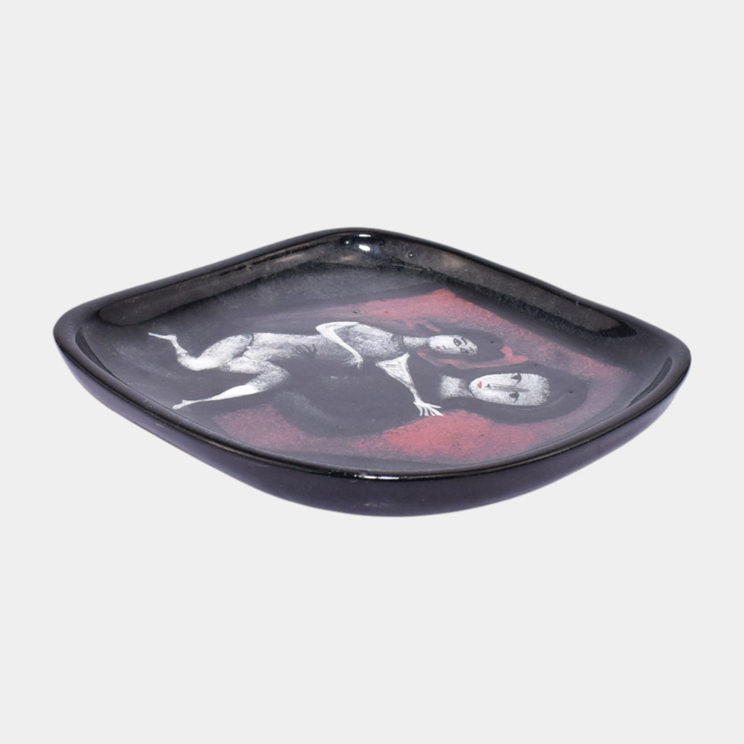 Pillin Studio Mid Century Modern Art Pottery Black Ceramic Woman And Child Tray