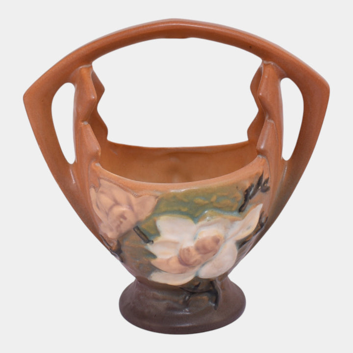 Roseville Magnolia Brown 1943 Mid Century Modern Pottery Ceramic Basket 383-7