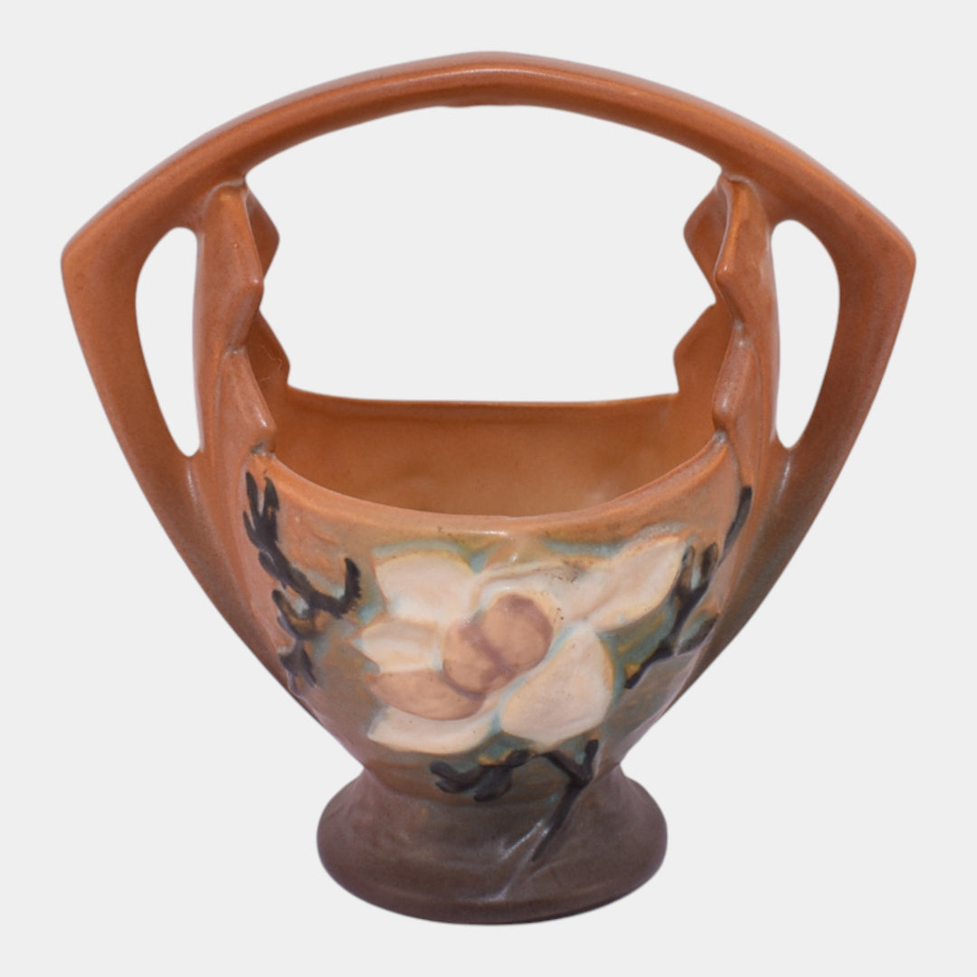 Roseville Magnolia Brown 1943 Mid Century Modern Pottery Ceramic Basket 383-7