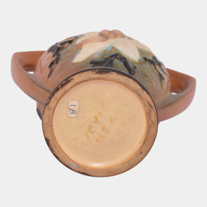 Roseville Magnolia Brown 1943 Mid Century Modern Pottery Ceramic Basket 383-7