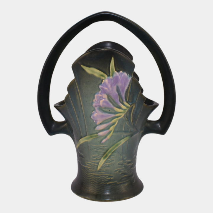 Roseville Freesia Green 1945 Vintage Art Pottery Ceramic Basket 392-10