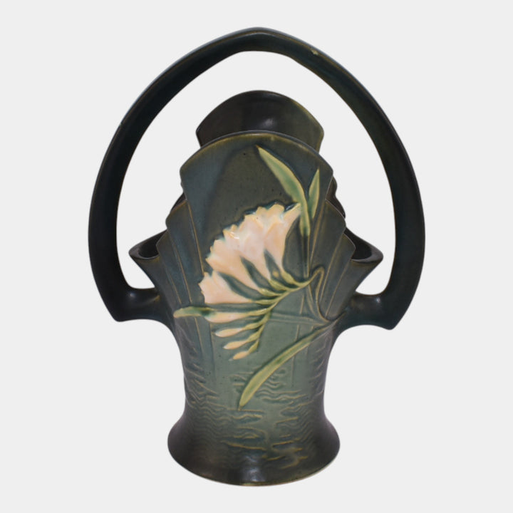 Roseville Freesia Green 1945 Vintage Art Pottery Ceramic Basket 392-10