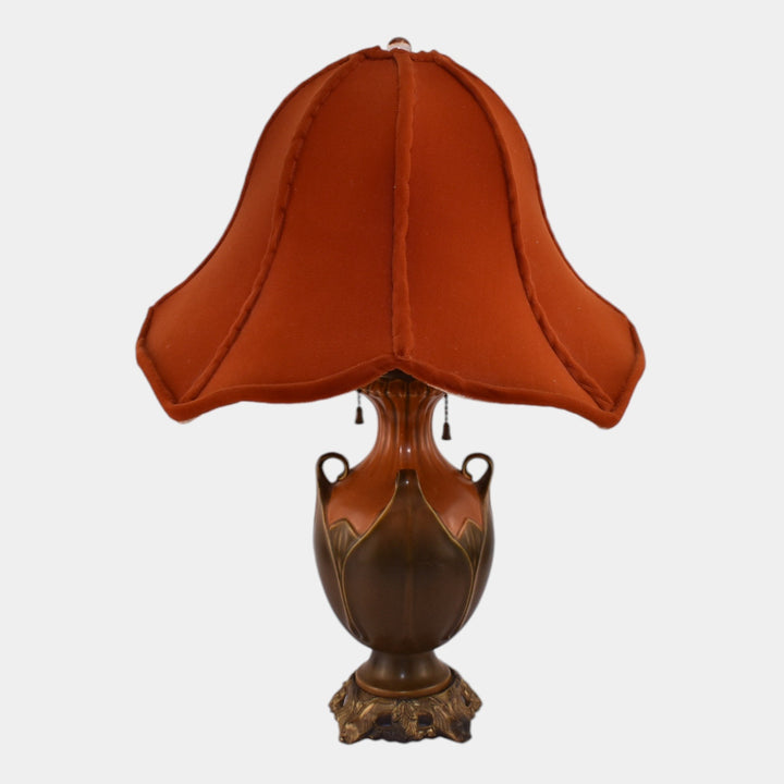 Roseville 1930s Arts And Crafts Pottery Brown Green Folded Leaf Lamp With Shade