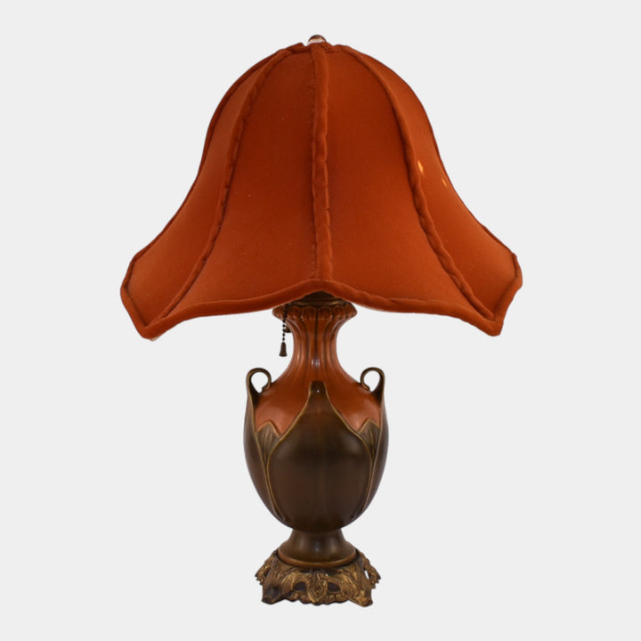 Roseville 1930s Arts And Crafts Pottery Brown Green Folded Leaf Lamp With Shade