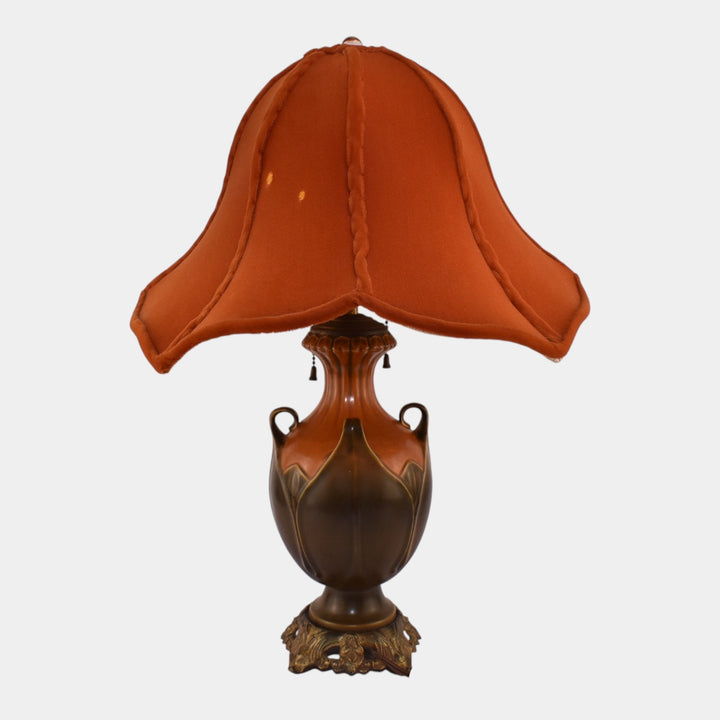 Roseville 1930s Arts And Crafts Pottery Brown Green Folded Leaf Lamp With Shade