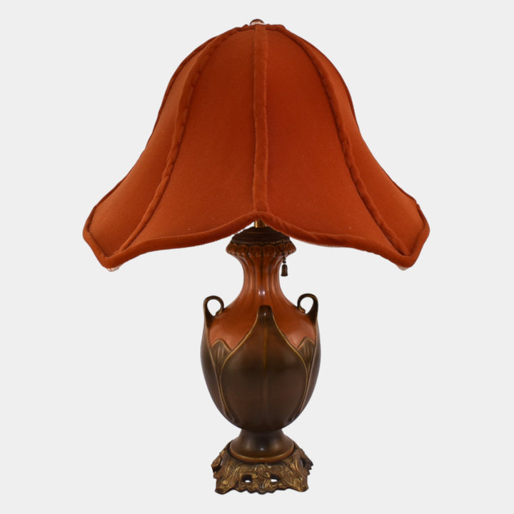 Roseville 1930s Arts And Crafts Pottery Brown Green Folded Leaf Lamp With Shade