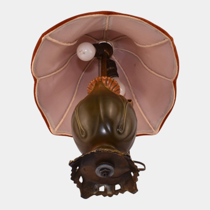 Roseville 1930s Arts And Crafts Pottery Brown Green Folded Leaf Lamp With Shade