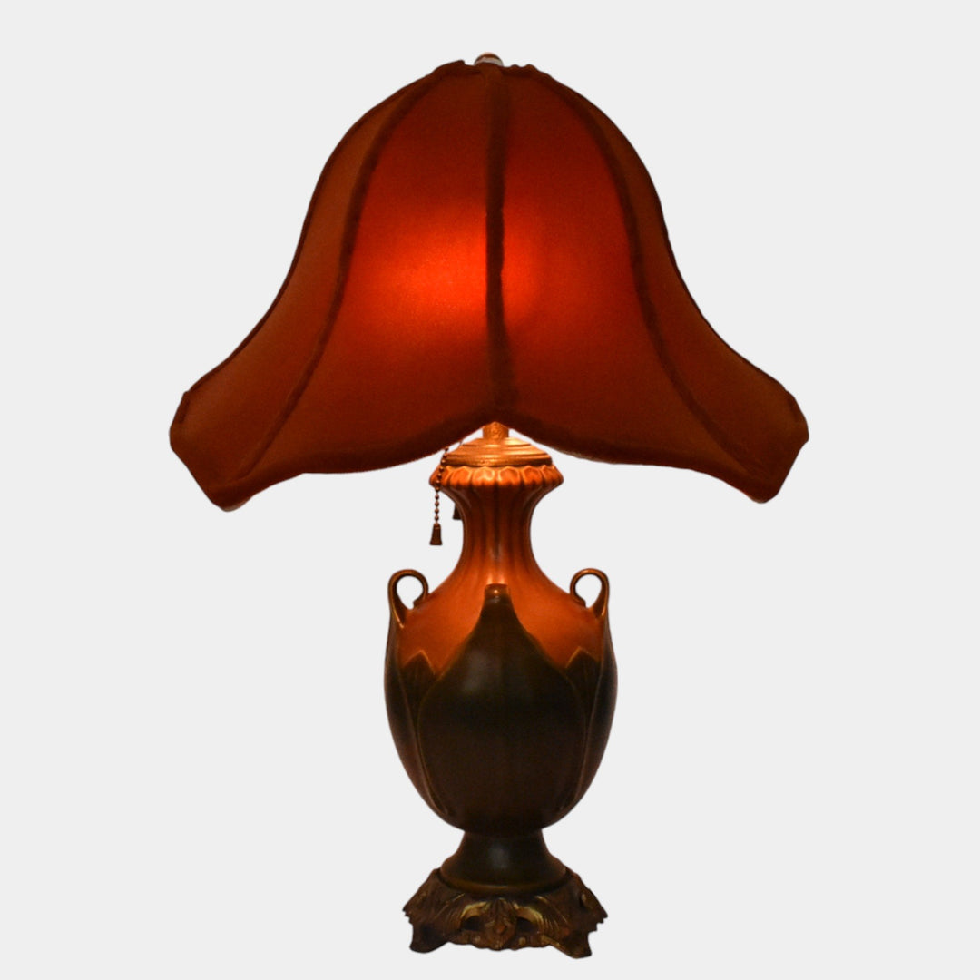 Roseville 1930s Arts And Crafts Pottery Brown Green Folded Leaf Lamp With Shade