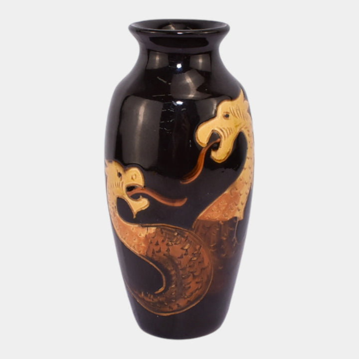 Owens Poster Early 1900s Art Pottery Brown Black Stylized Dragon Baluster Vase - Just Art Pottery