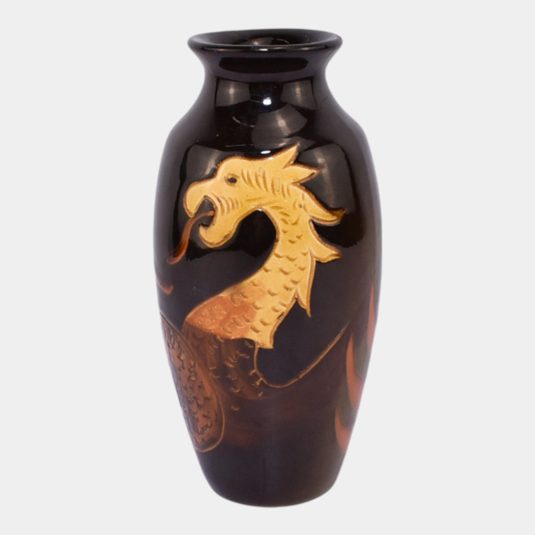 Owens Poster Early 1900s Art Pottery Brown Black Stylized Dragon Baluster Vase - Just Art Pottery
