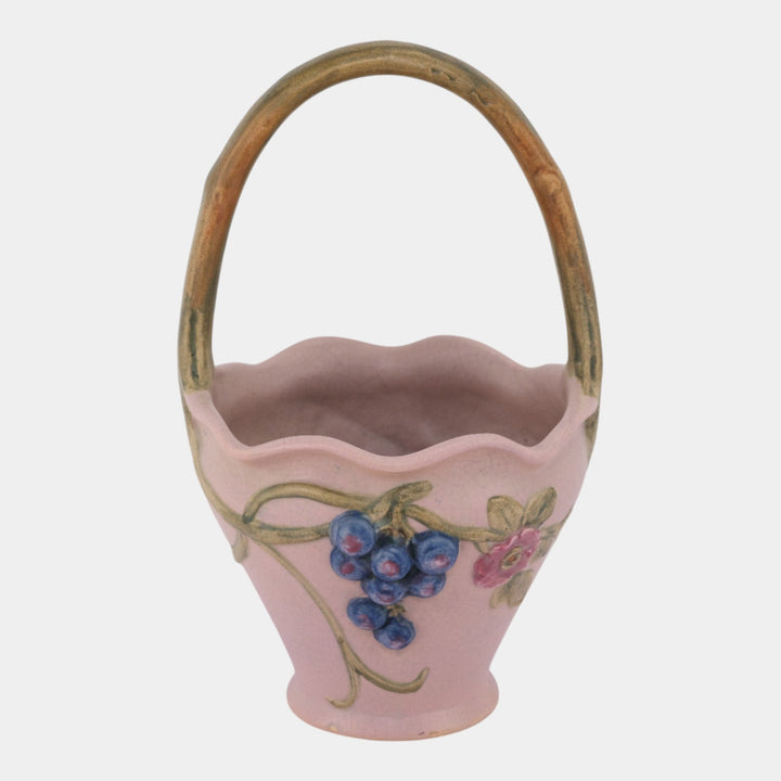 Weller Melrose 1920s Art Deco Pottery Pink Fruit On Vine Decorated Basket
