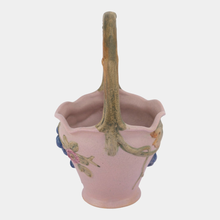 Weller Melrose 1920s Art Deco Pottery Pink Fruit On Vine Decorated Basket