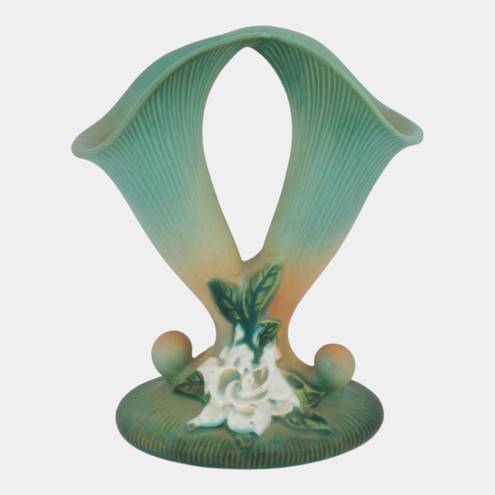 Roseville Gardenia Green 1950 Mid Century Modern Pottery Cornucopia Vase 622-8