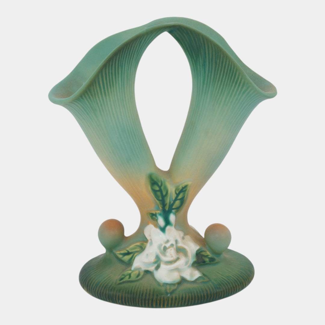 Roseville Gardenia Green 1950 Mid Century Modern Pottery Cornucopia Vase 622-8