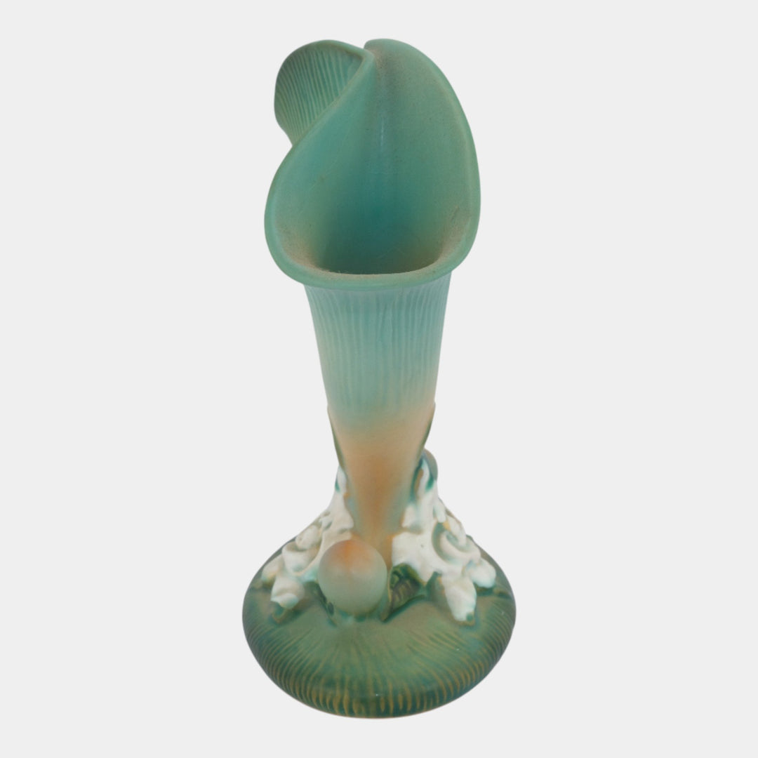 Roseville Gardenia Green 1950 Mid Century Modern Pottery Cornucopia Vase 622-8