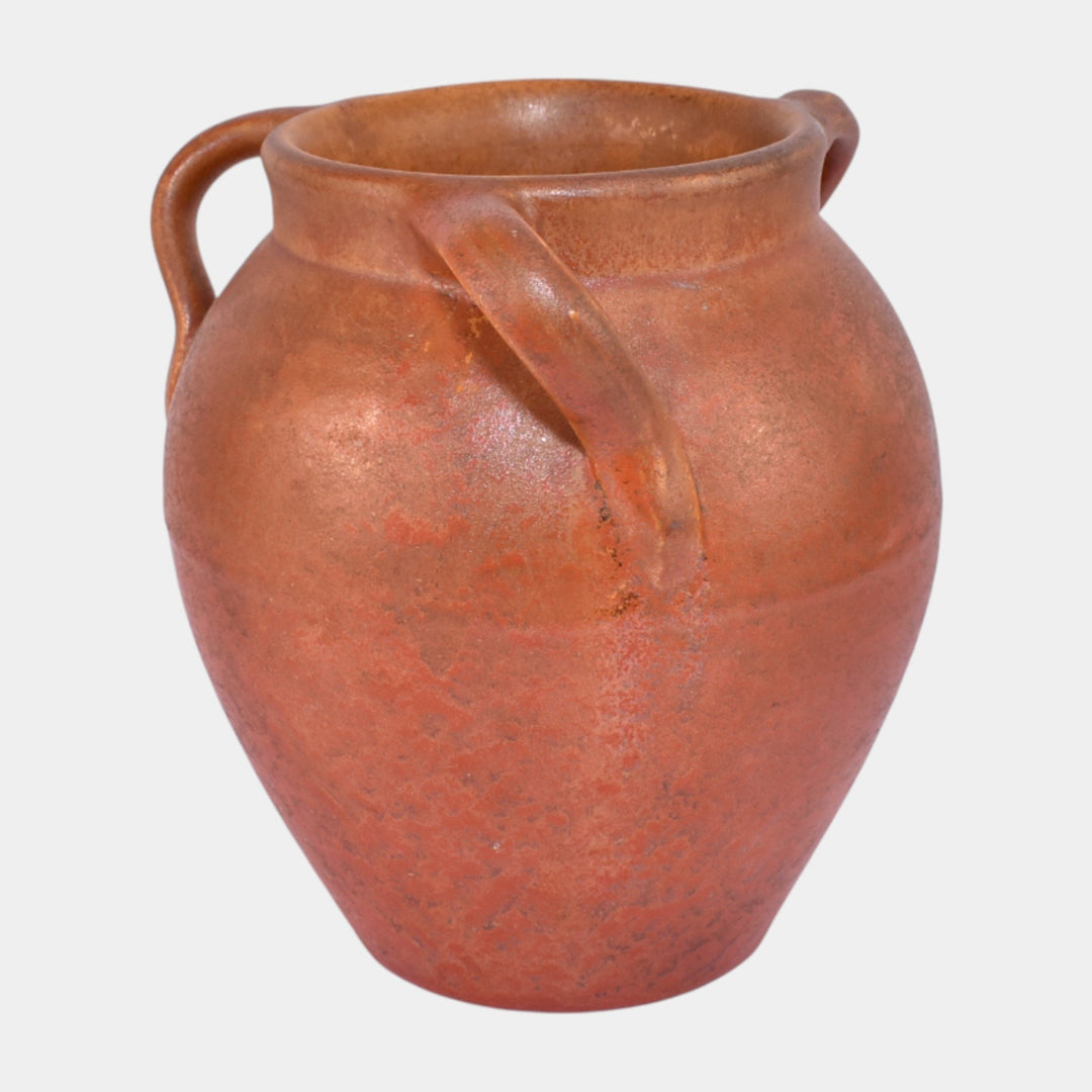 Pacific Pottery 1920s Pottery Mottled Uranium Orange Three Handle Vase 300 - Just Art Pottery