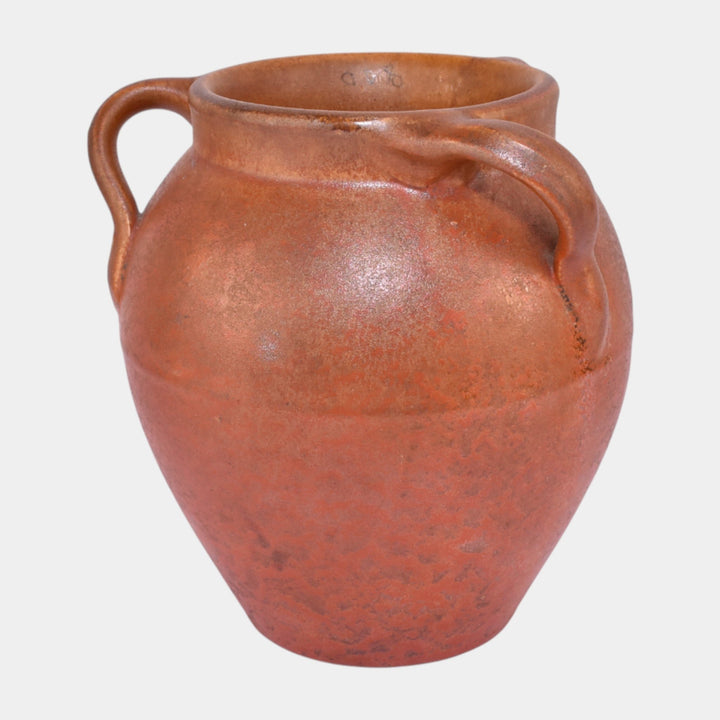Pacific Pottery 1920s Pottery Mottled Uranium Orange Three Handle Vase 300 - Just Art Pottery