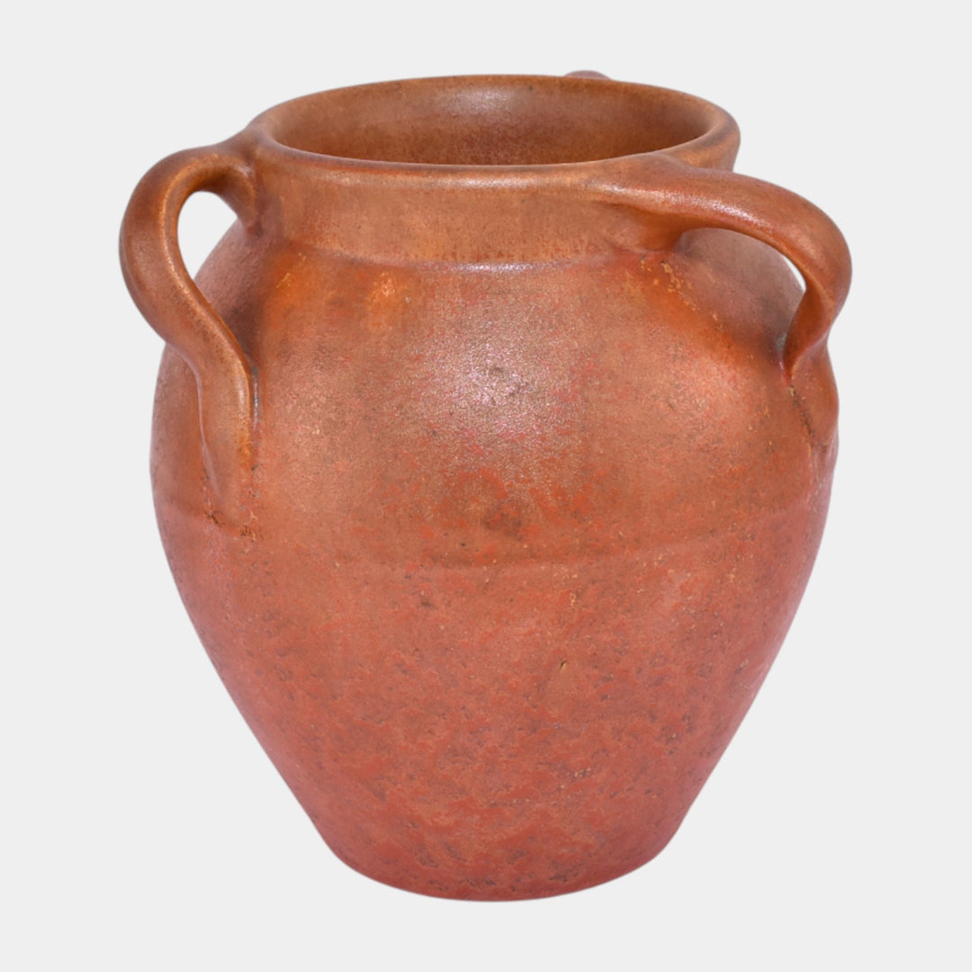 Pacific Pottery 1920s Pottery Mottled Uranium Orange Three Handle Vase 300 - Just Art Pottery