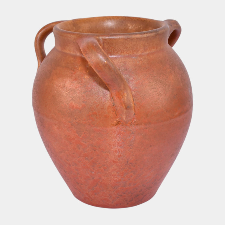 Pacific Pottery 1920s Pottery Mottled Uranium Orange Three Handle Vase 300 - Just Art Pottery