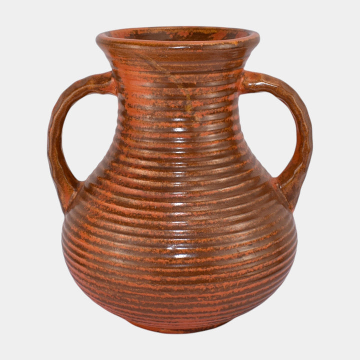 Pfaltzgraff 1930s Art Pottery Orange Ribbed Ceramic Handled Vase 144