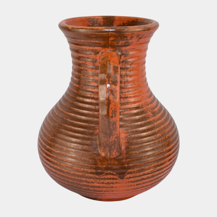 Pfaltzgraff 1930s Art Pottery Orange Ribbed Ceramic Handled Vase 144