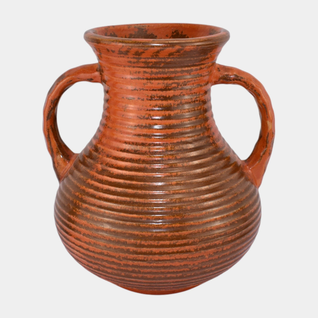 Pfaltzgraff 1930s Art Pottery Orange Ribbed Ceramic Handled Vase 144