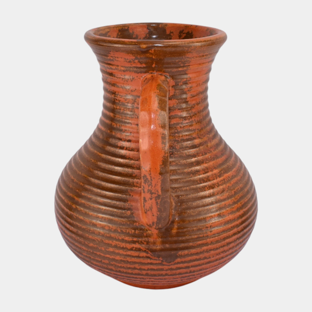 Pfaltzgraff 1930s Art Pottery Orange Ribbed Ceramic Handled Vase 144