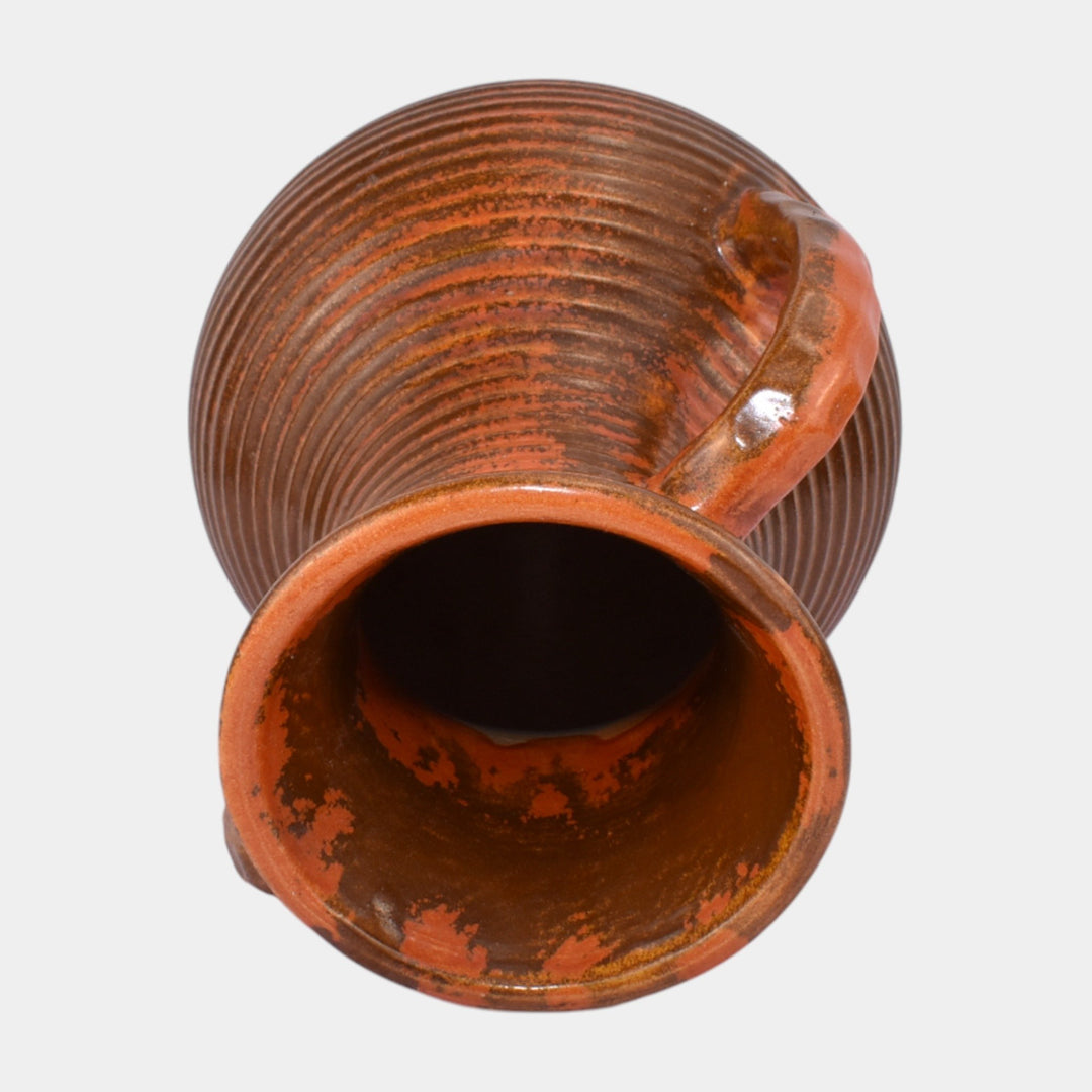 Pfaltzgraff 1930s Art Pottery Orange Ribbed Ceramic Handled Vase 144