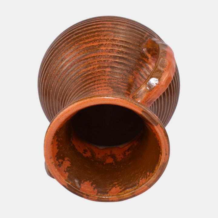 Pfaltzgraff 1930s Art Pottery Orange Ribbed Ceramic Handled Vase 144
