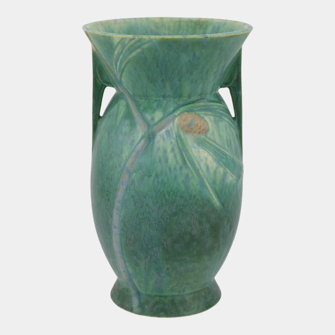 Roseville Futura 1928 Vintage Art Deco Pine Cone Green Ceramic Vase 433-10 - Just Art Pottery