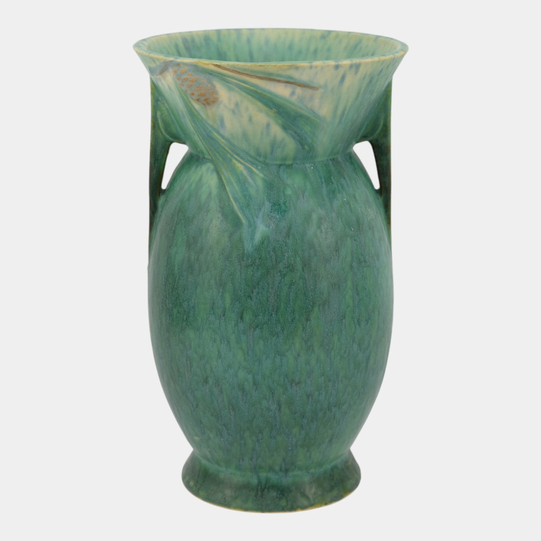 Roseville Futura 1928 Vintage Art Deco Pine Cone Green Ceramic Vase 433-10 - Just Art Pottery
