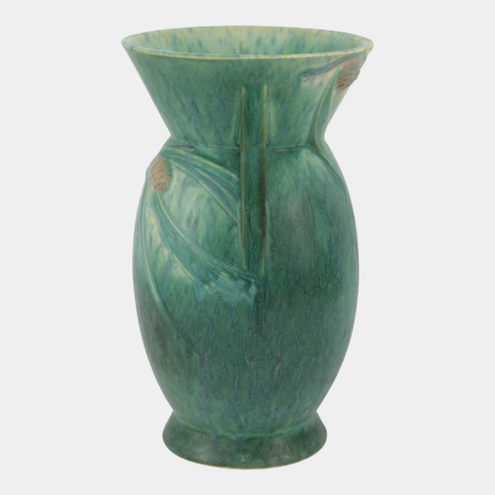 Roseville Futura 1928 Vintage Art Deco Pine Cone Green Ceramic Vase 433-10 - Just Art Pottery