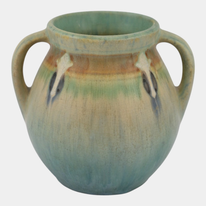 Roseville Montacello 1931 Arts And Crafts Green Ceramic Handled Vase 557-5 - Just Art Pottery