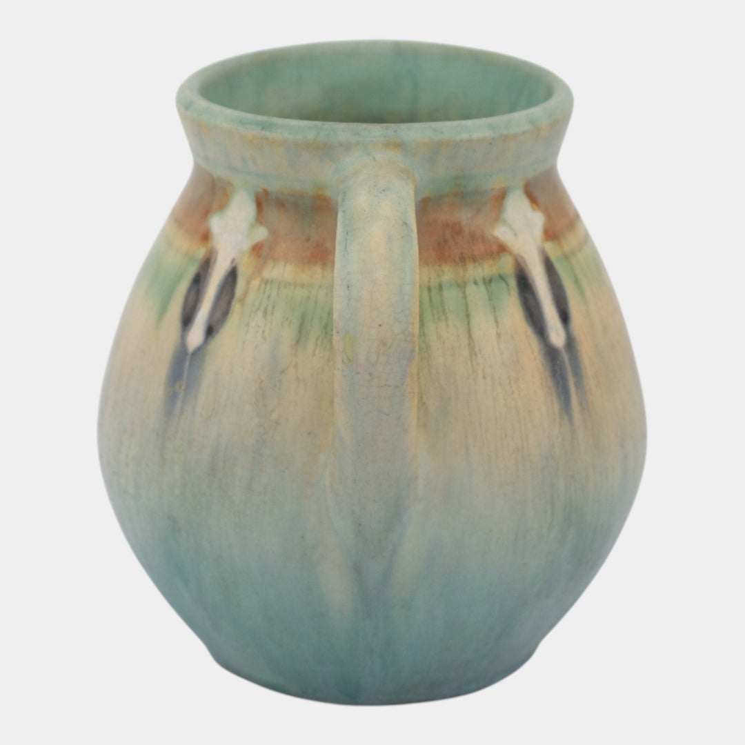 Roseville Montacello 1931 Arts And Crafts Green Ceramic Handled Vase 557-5 - Just Art Pottery