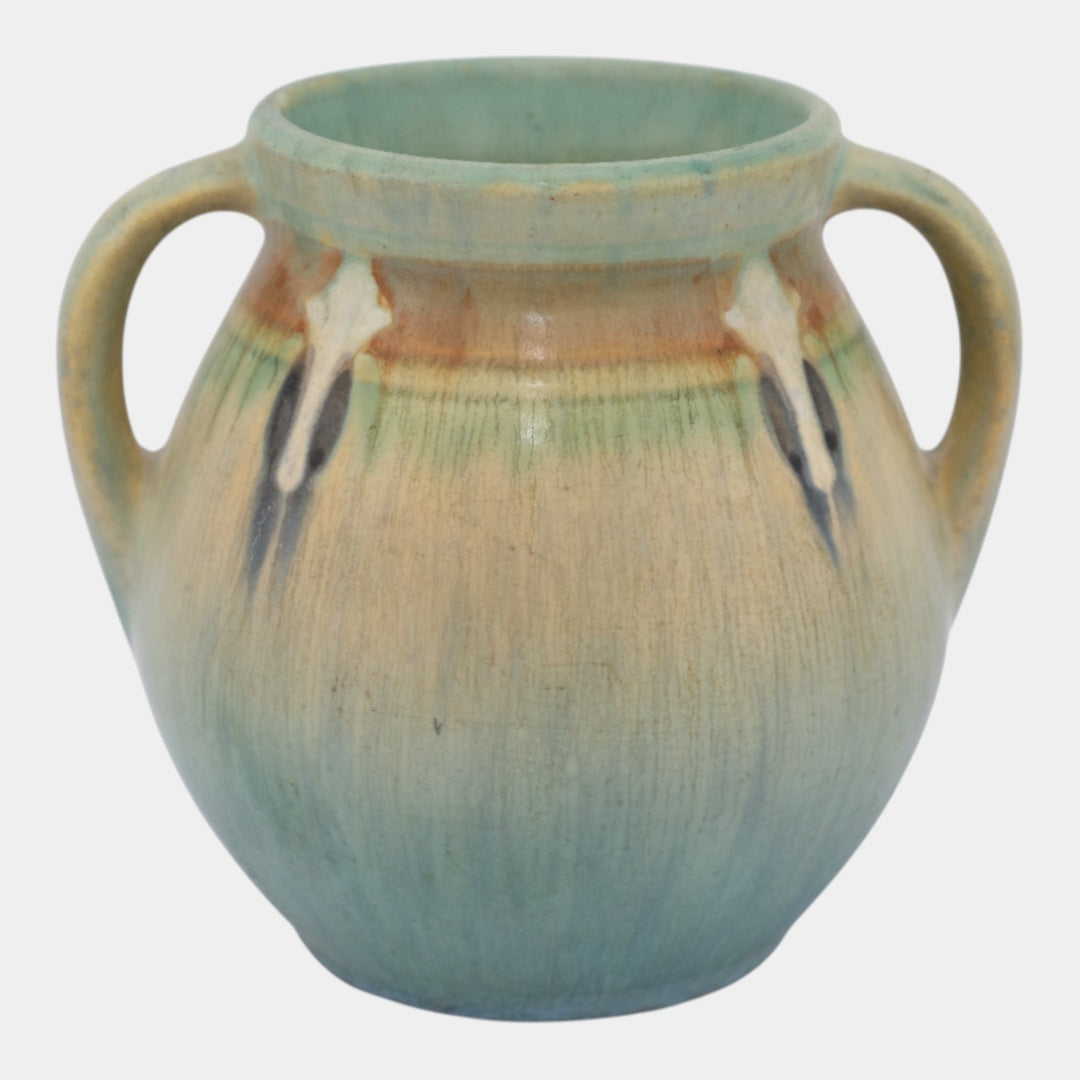 Roseville Montacello 1931 Arts And Crafts Green Ceramic Handled Vase 557-5 - Just Art Pottery