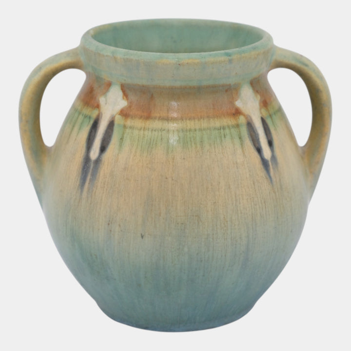 Roseville Montacello 1931 Arts And Crafts Green Ceramic Handled Vase 557-5 - Just Art Pottery