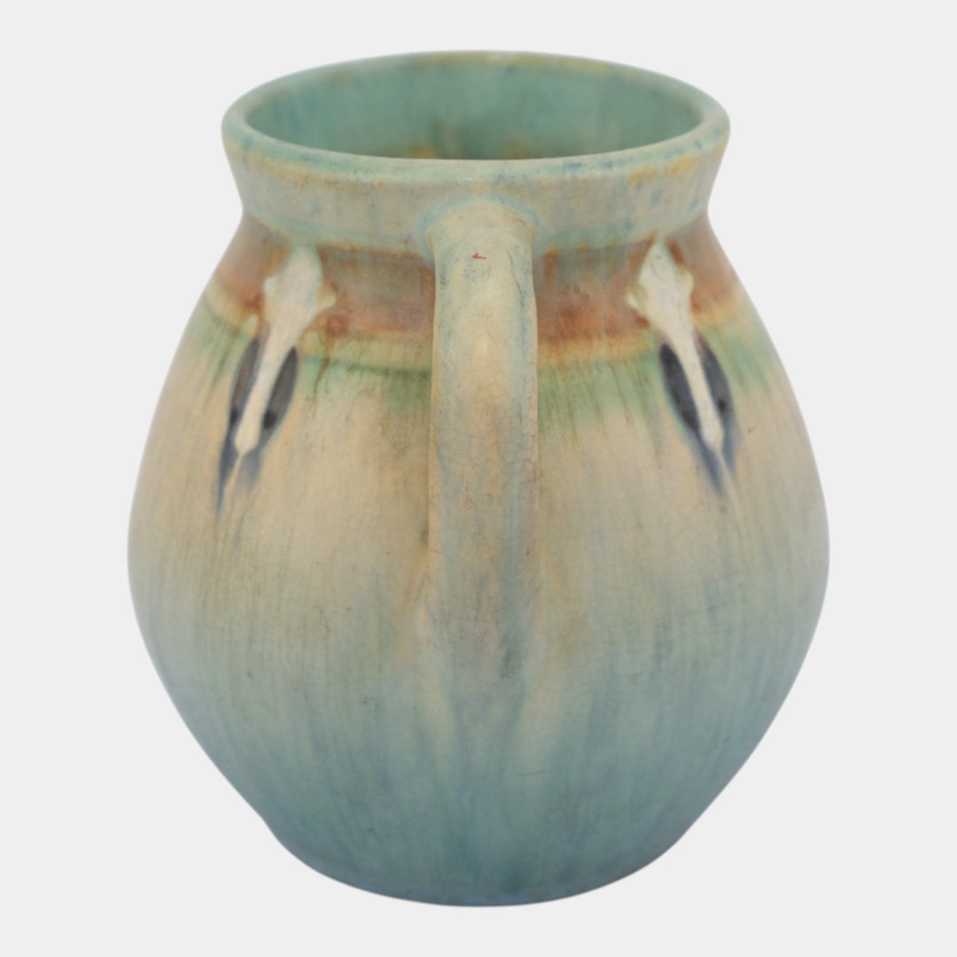 Roseville Montacello 1931 Arts And Crafts Green Ceramic Handled Vase 557-5 - Just Art Pottery