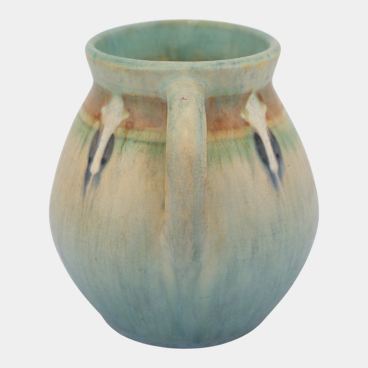 Roseville Montacello 1931 Arts And Crafts Green Ceramic Handled Vase 557-5 - Just Art Pottery