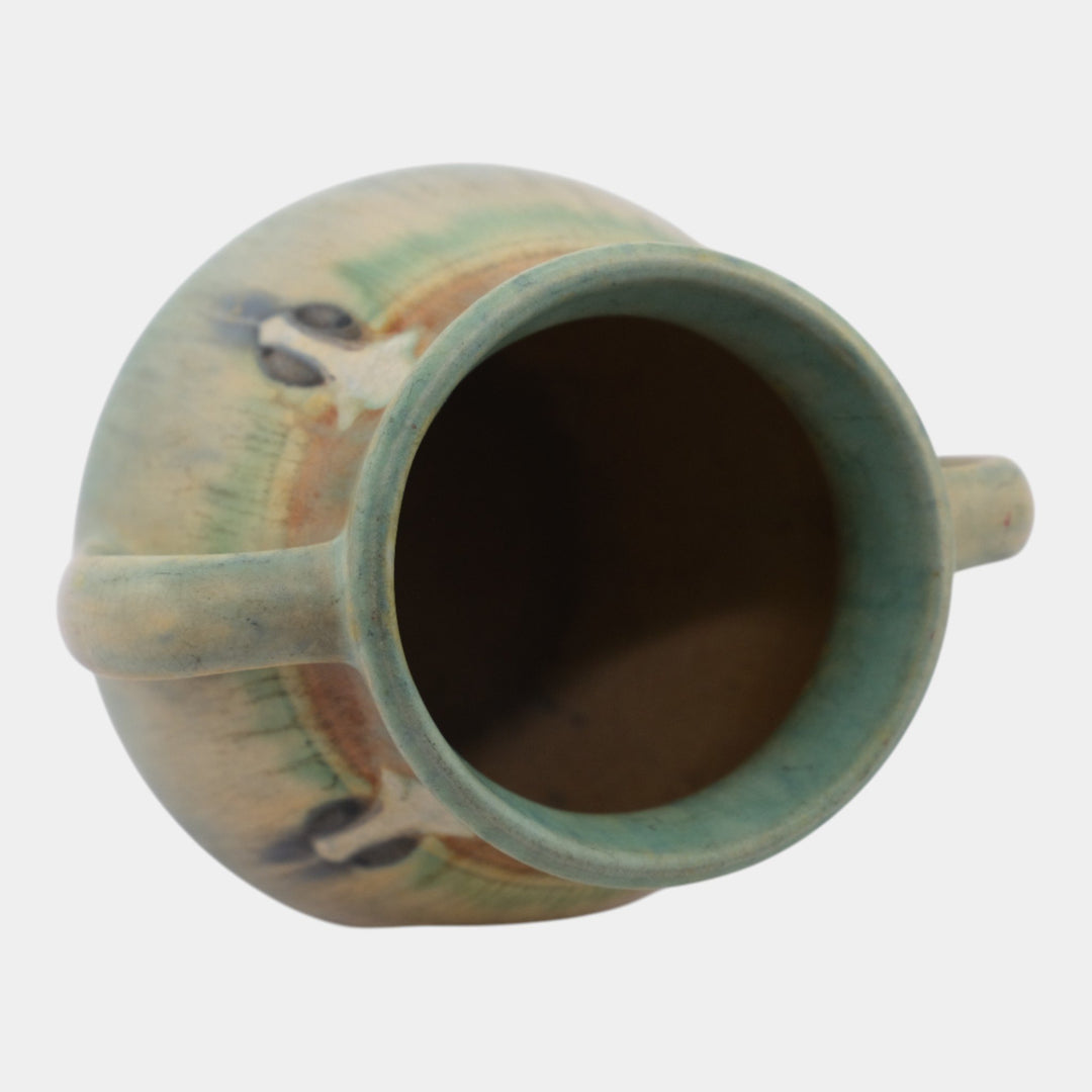 Roseville Montacello 1931 Arts And Crafts Green Ceramic Handled Vase 557-5 - Just Art Pottery