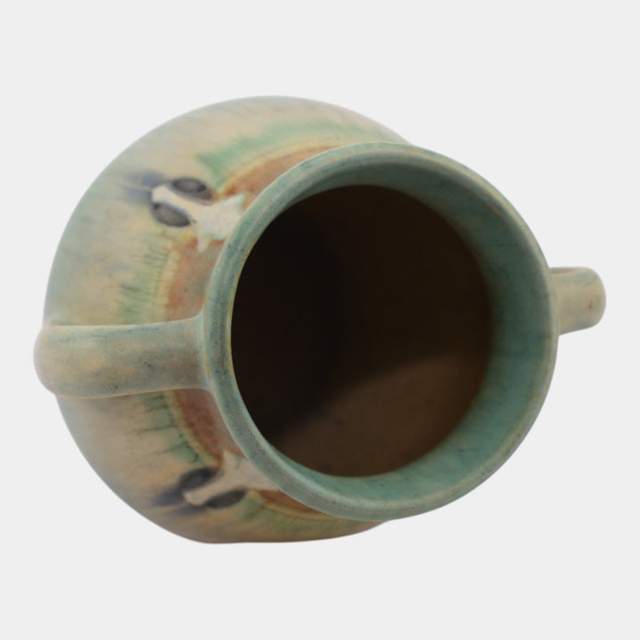 Roseville Montacello 1931 Arts And Crafts Green Ceramic Handled Vase 557-5 - Just Art Pottery
