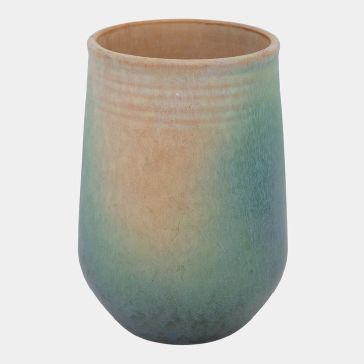 Roseville Earlam Tan Blue 1930 Vintage Arts And Crafts Pottery Vase 520-8 - Just Art Pottery
