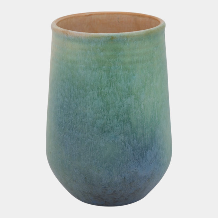 Roseville Earlam Tan Blue 1930 Vintage Arts And Crafts Pottery Vase 520-8 - Just Art Pottery